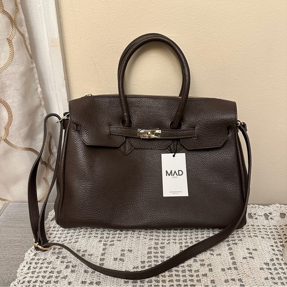 Brown Mad Bags Birkimad 40 Leather Satchel with Detachable Strap and Lock Detail